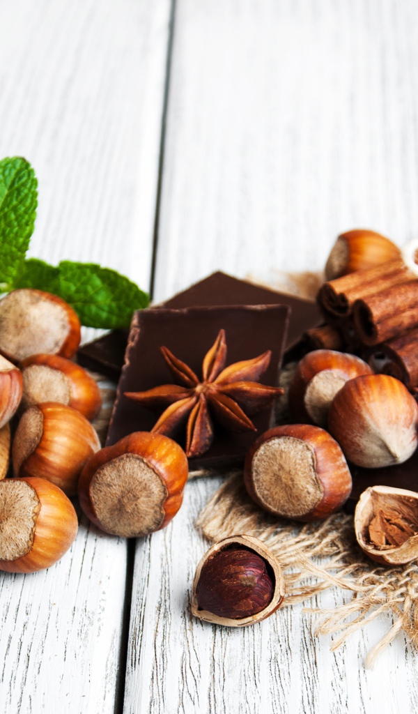 Лесные орехи на столе с корицей, бадьяном и корицей