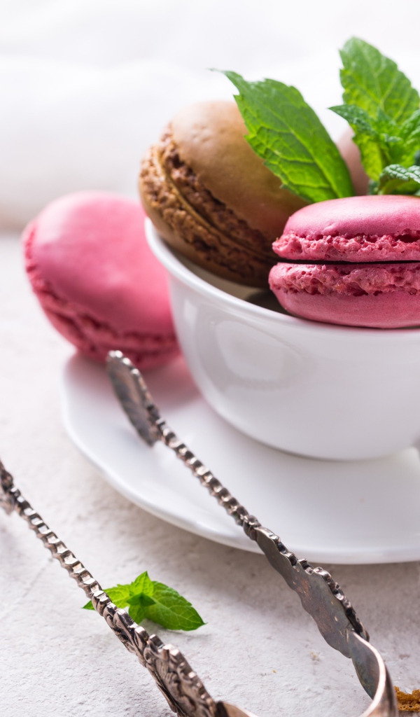 Разноцветный десерт макарун в белой чашке на столе