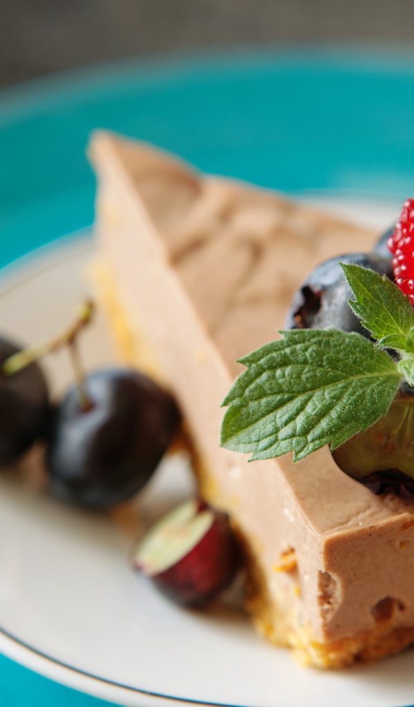 Кусок чизкейка на тарелке с ягодами черники и малиной