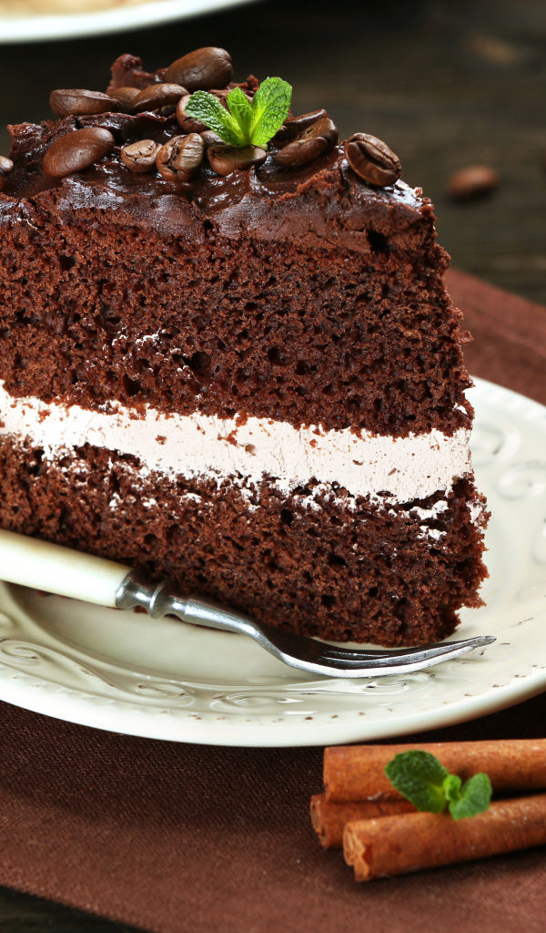 Кусок шоколадного торта с кремом и зернами кофе