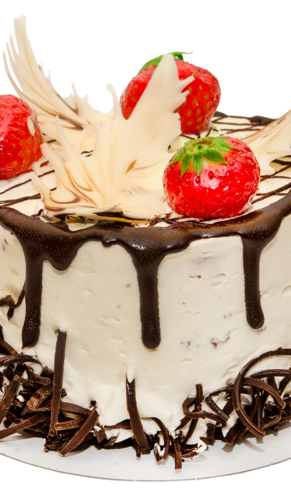 Аппетитный торт украшен шоколадом и клубникой на белом фоне