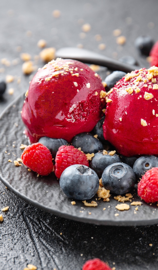 Шарики фруктового мороженого с ягодами черники и малины 