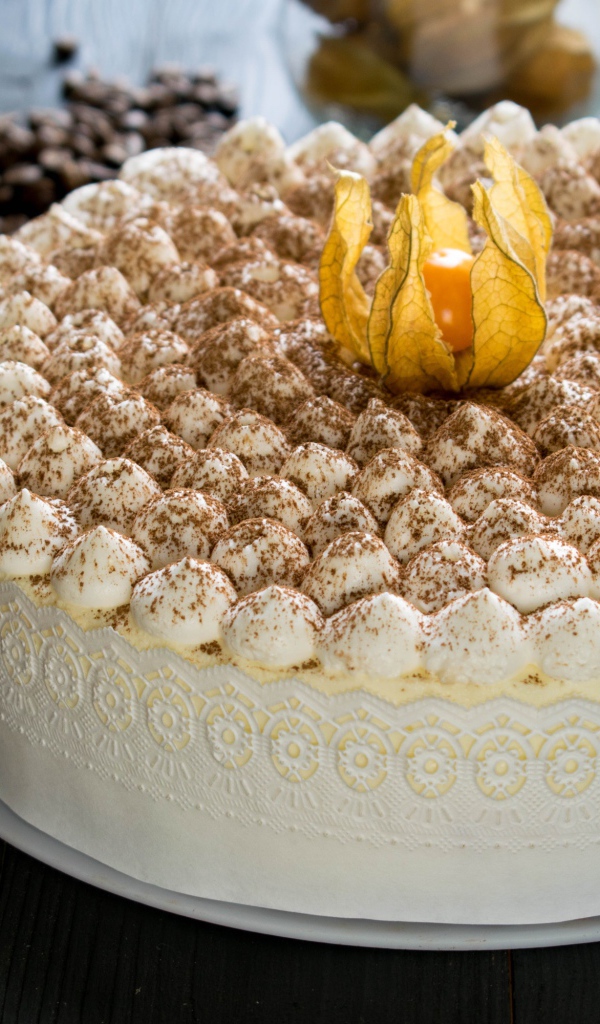 Красивый праздничный торт с цветком физалиса на столе с кофе