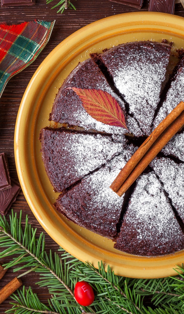 Шоколадный пирог с сахарной пудрой и корицей на столе со столовыми приборами и еловой веткой