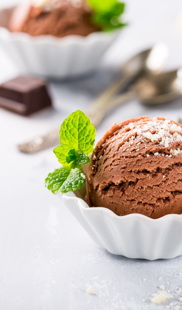 Шарик шоколадного мороженого с мятой на столе с шоколадом