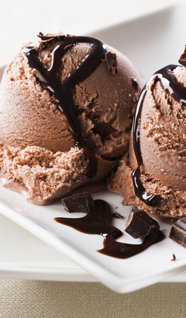 Шарики шоколадного мороженого на белой тарелке