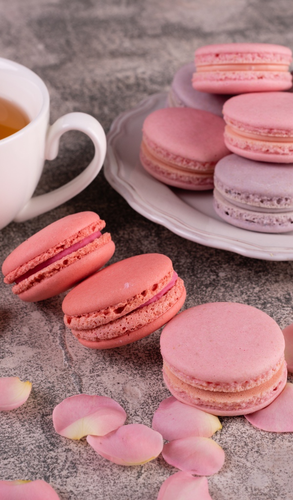 Сладкий десерт макарун на столе с чашкой чая, сахаром и лепестками розы