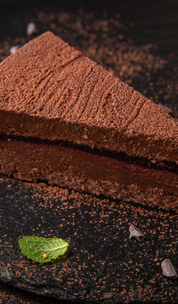 Торт мусс с джемом на столе с какао 