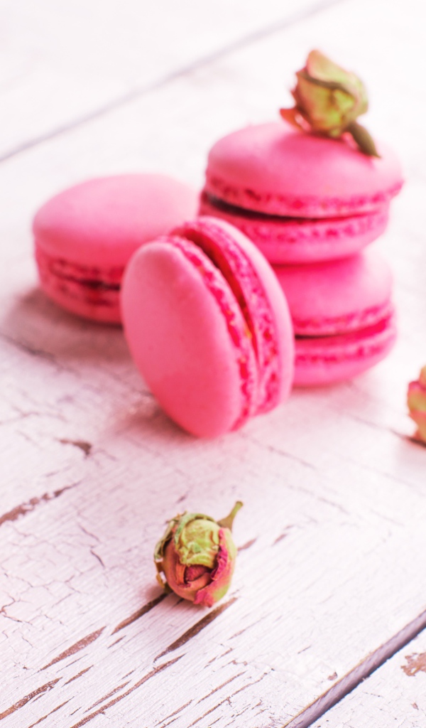 Розовый десерт макарон на столе с сухими розами