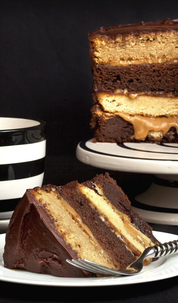 Бисквитный торт на столе с чашкой 