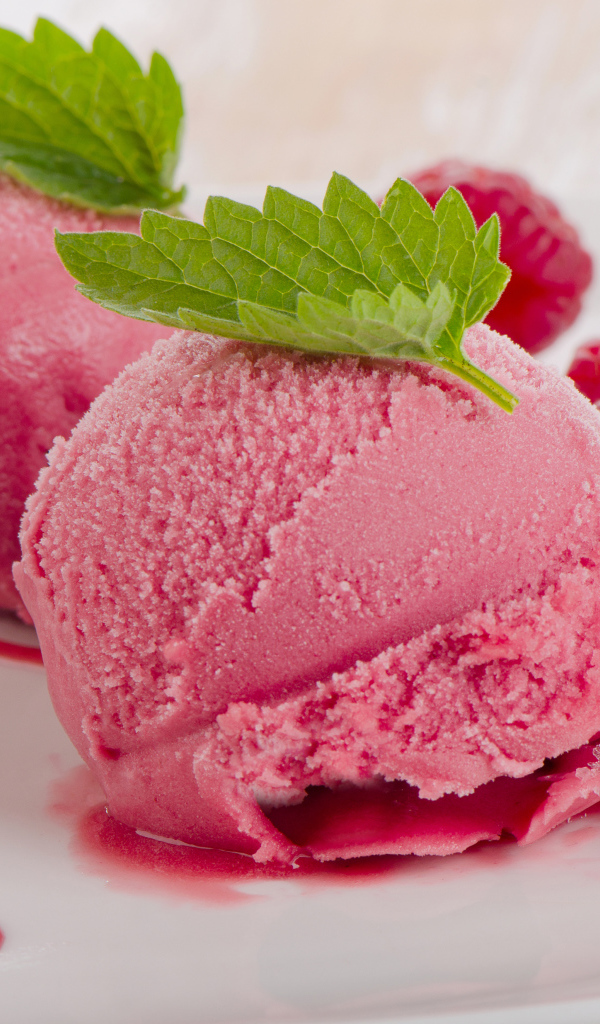 Два шарика малинового мороженого на тарелке с ягодами 