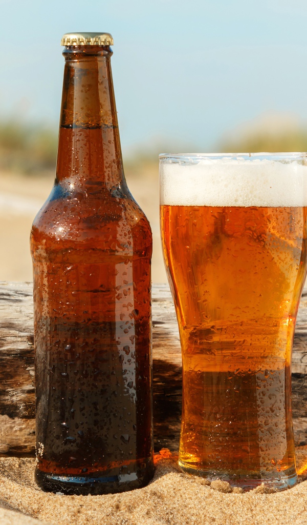Бутылка пива и бокал стоят на песке 