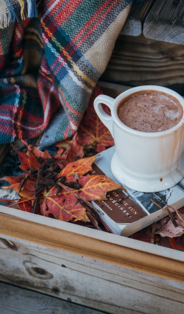 Чашка кофе стоит на книге на ступеньках с пледом