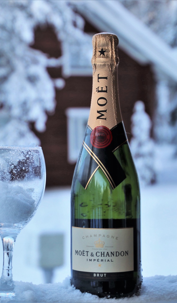 Бокал на снегу с бутылкой шампанского 