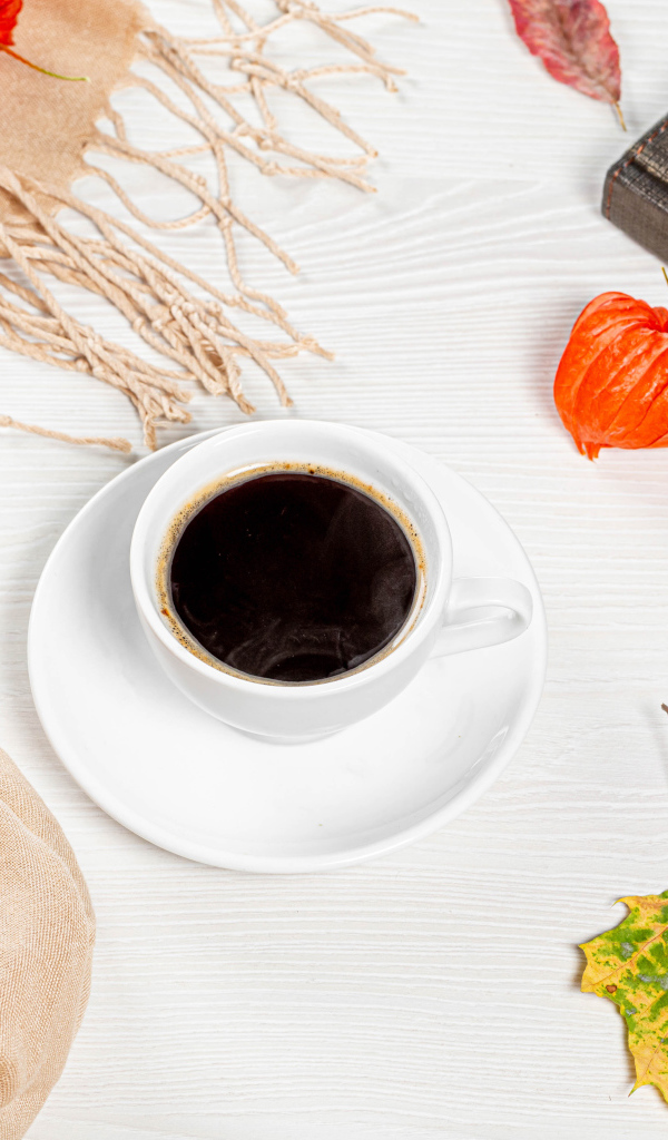 Чашка кофе на столе с книгой, очками и физалисом