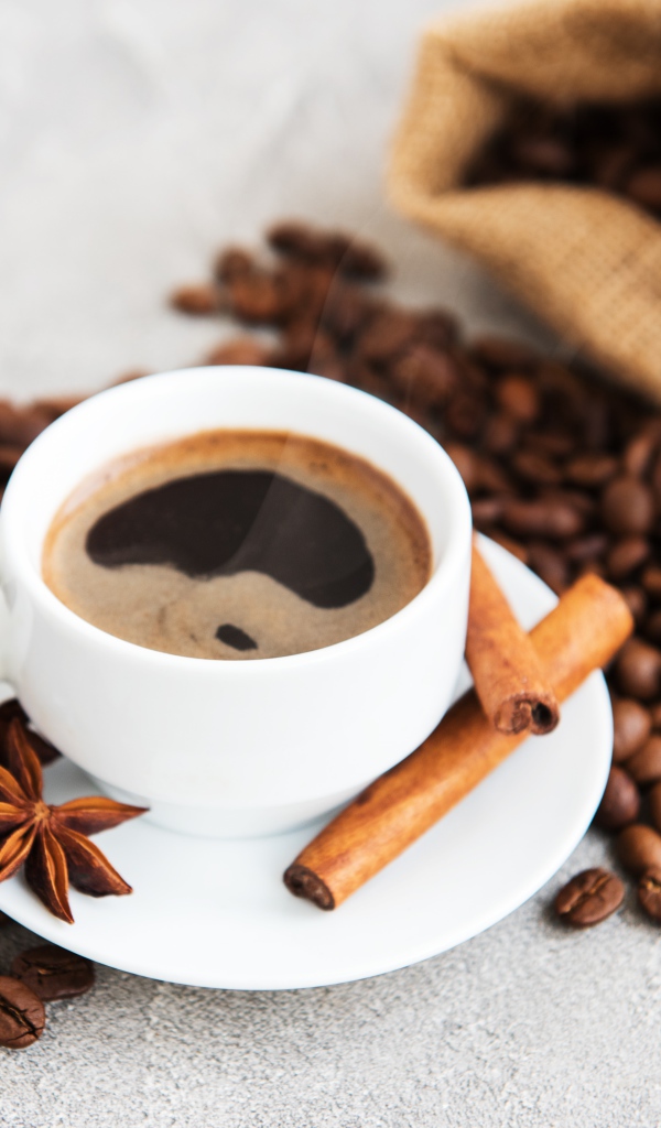Чашка кофе с корицей, бадьяном и кофейными зернами