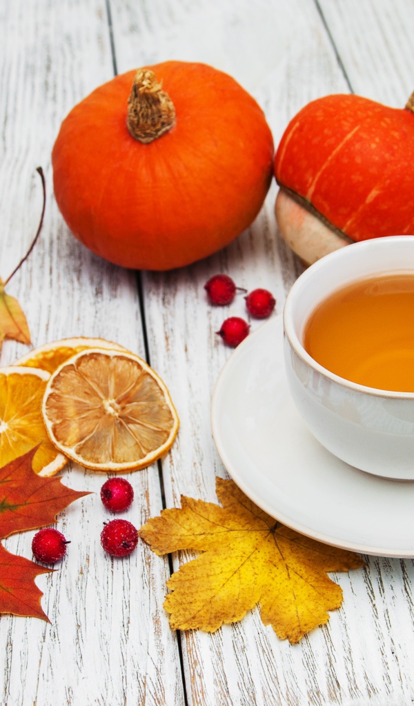 Чашка чая на столе с опавшими листьями и тыквой