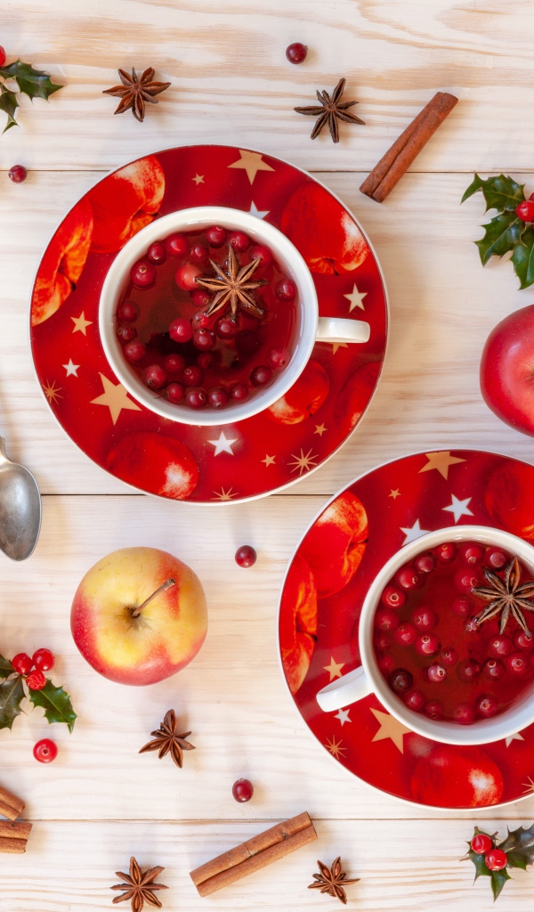 Две чашки клюквенного чая на столе с корицей, яблоками и бадьяном