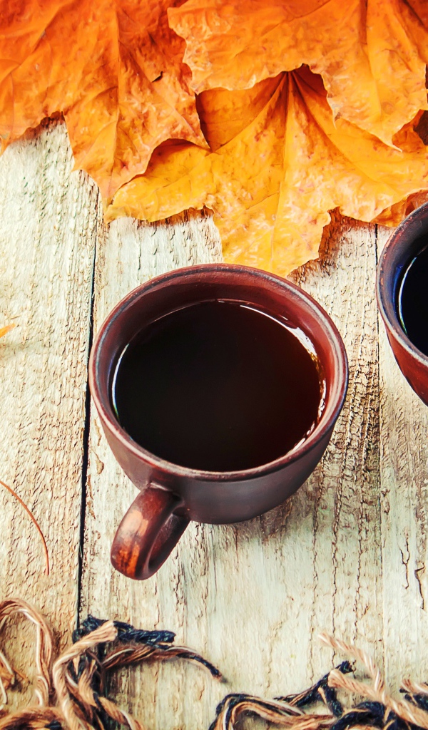 Две чашки горячего кофе на столе с сухими листьями