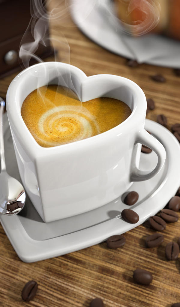 Белая красивая чашка в форме сердца на столе на зернами