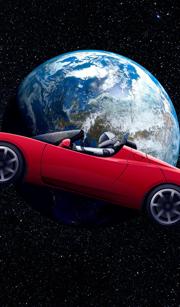Красный автомобиль Tesla Roadster пролетает в космосе над землей