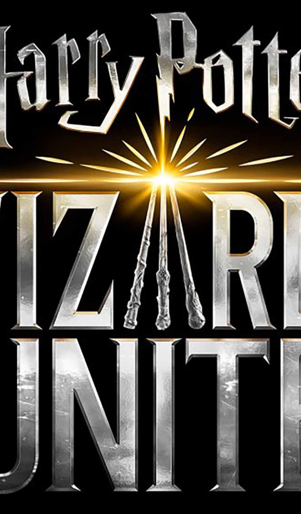 Логотип новой видеоигры Harry Potter: Wizards Unite, 2019 года на черном фоне