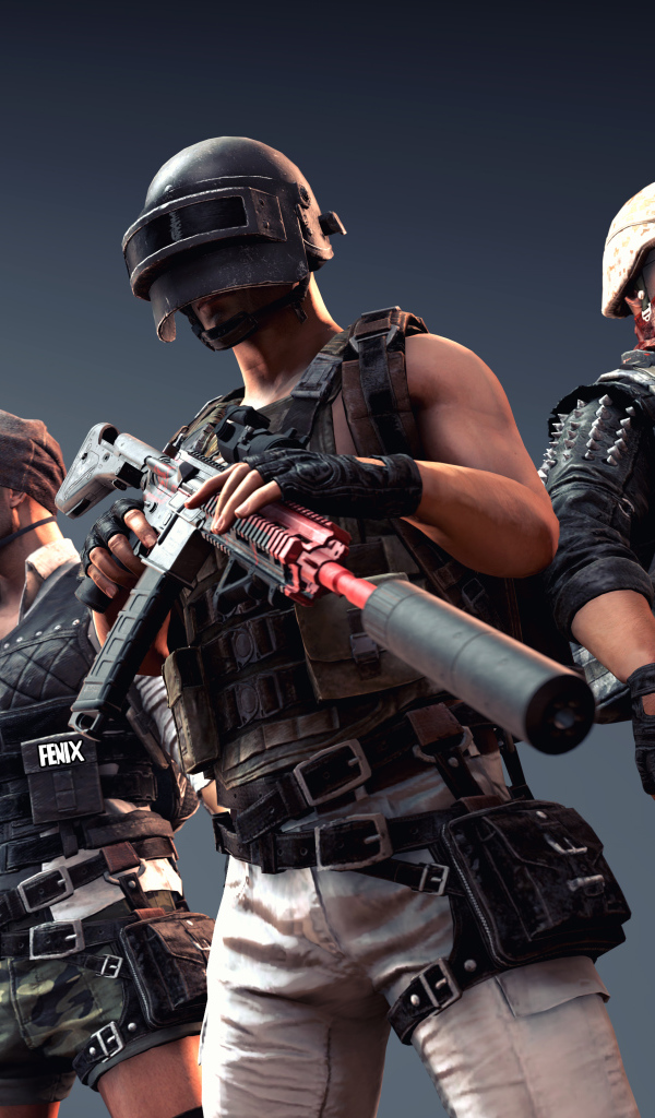 Персонажи компьютерной игры  PUBG на сером фоне