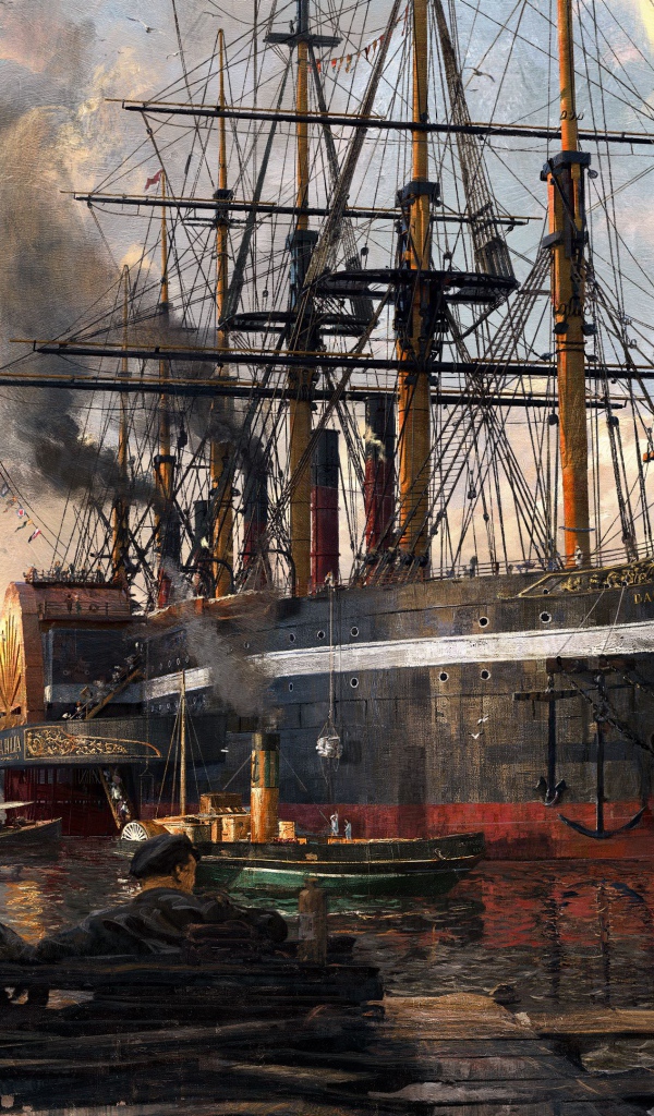 Корабль в порту кадр компьютерной игры Anno 1800, 2019 года