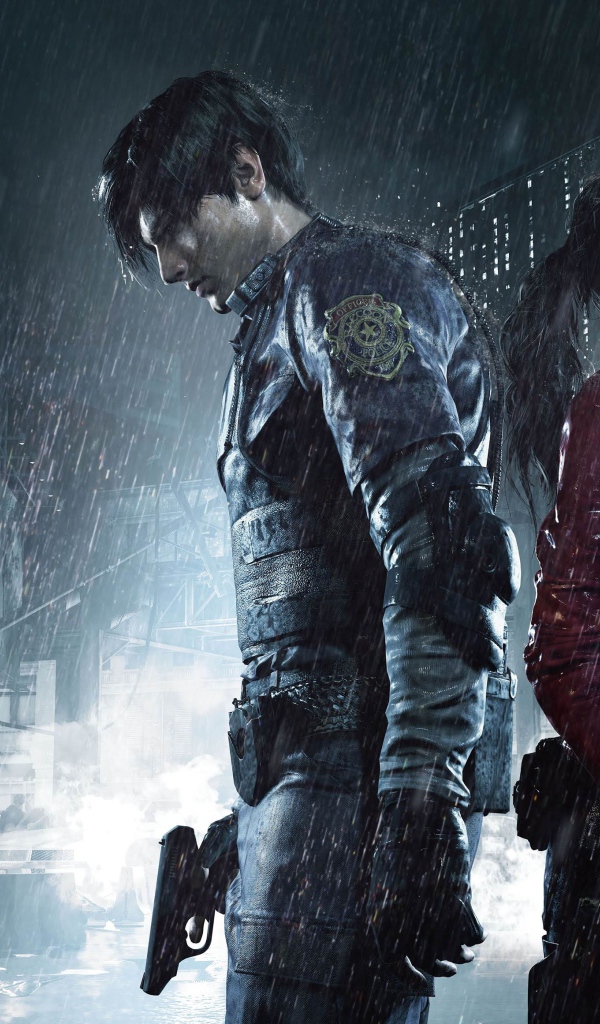 Персонажи компьютерной игры Resident Evil 2, 2019 года под дождем