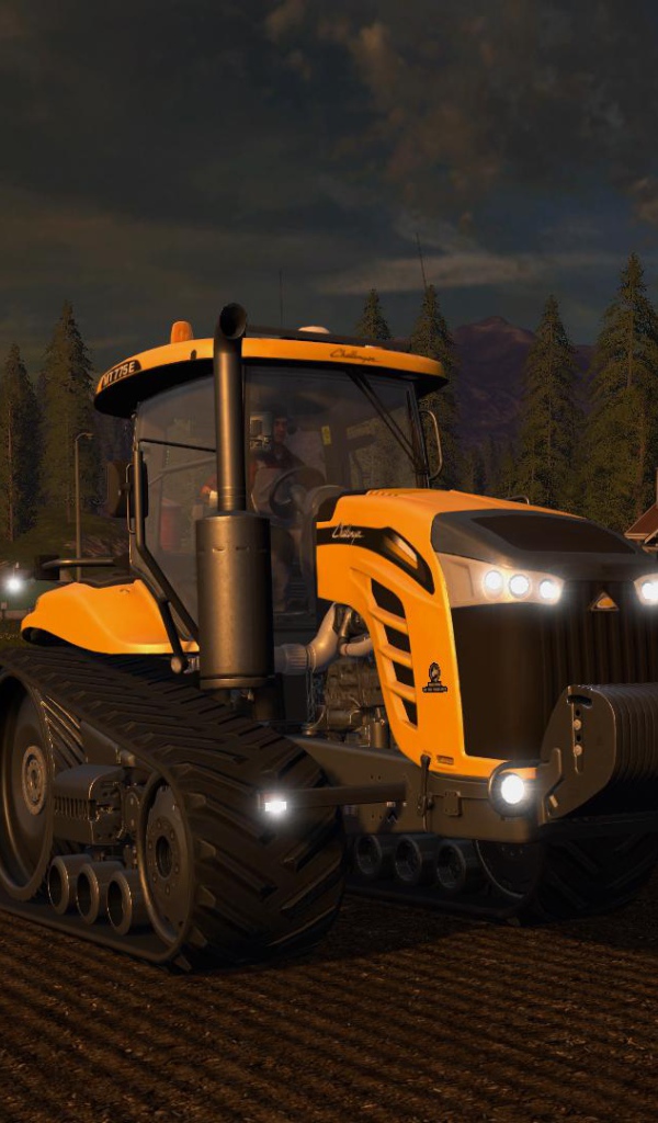 Желтый трактор пашет поле вечером видео игра Farming Simulator 