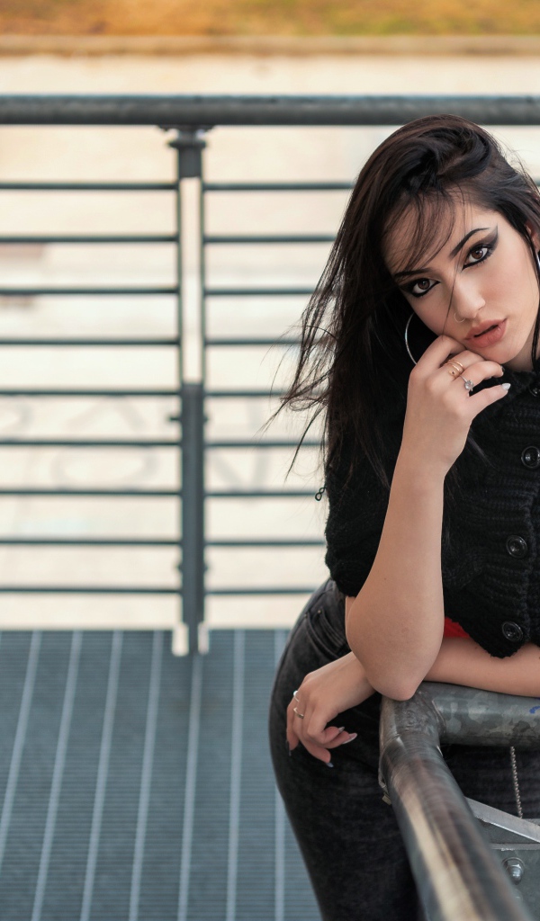 Красивая девушка стоит на ступеньках у перил 