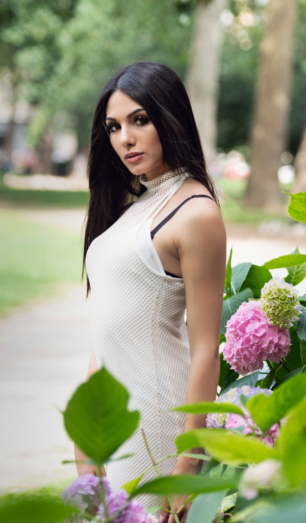 Красивая брюнетка стоит рядом с кустом гортензии