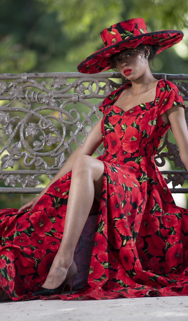 Красивая темнокожая девушка в красном платье сидит на лавке