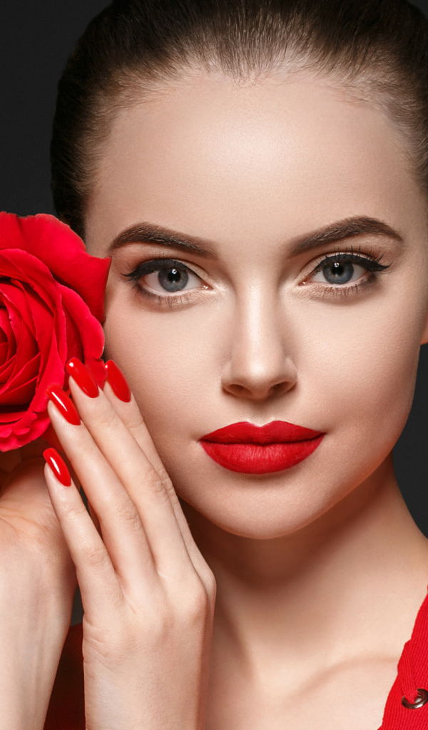 Красивая девушка с красной розой у лица на сером фоне
