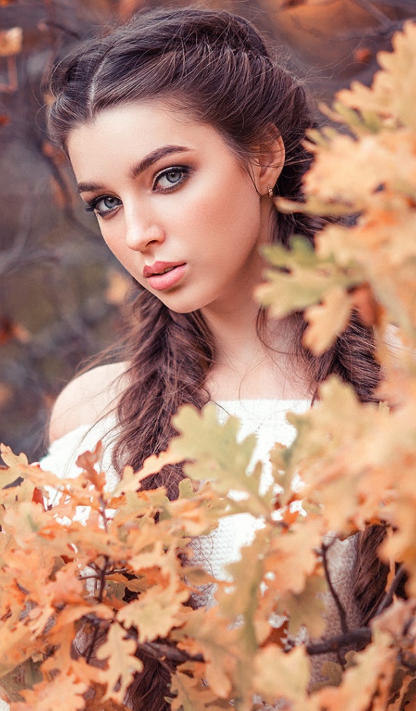 Красивая девушка с косами на фоне желтых листьев 