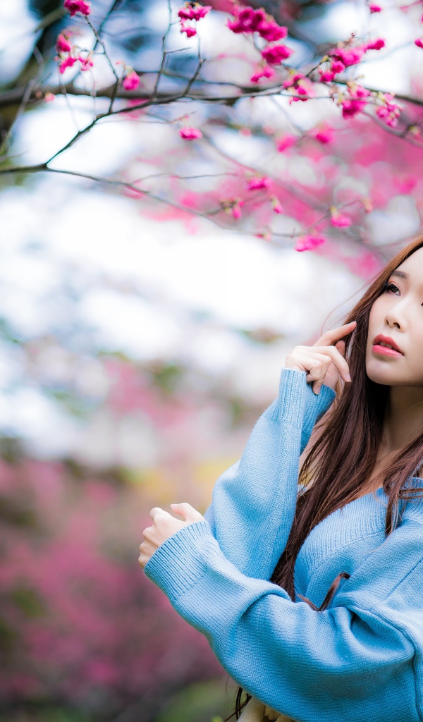 Красивая длинноволосая азиатка у дерева сакуры