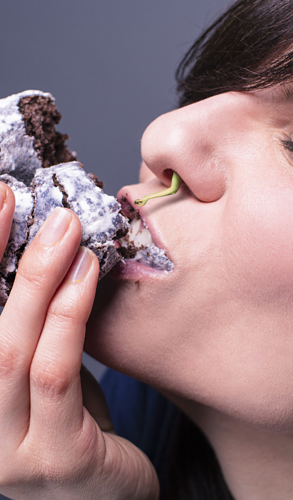 Девушка ест шоколадный пряник на сером фоне