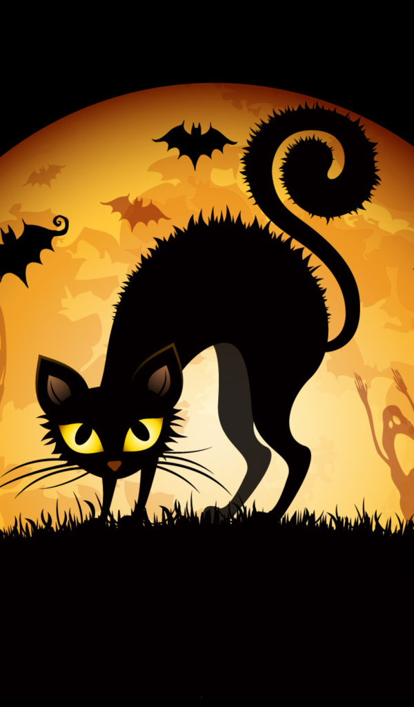 Черный кот на фоне большой желтой луны на Хэллоуин