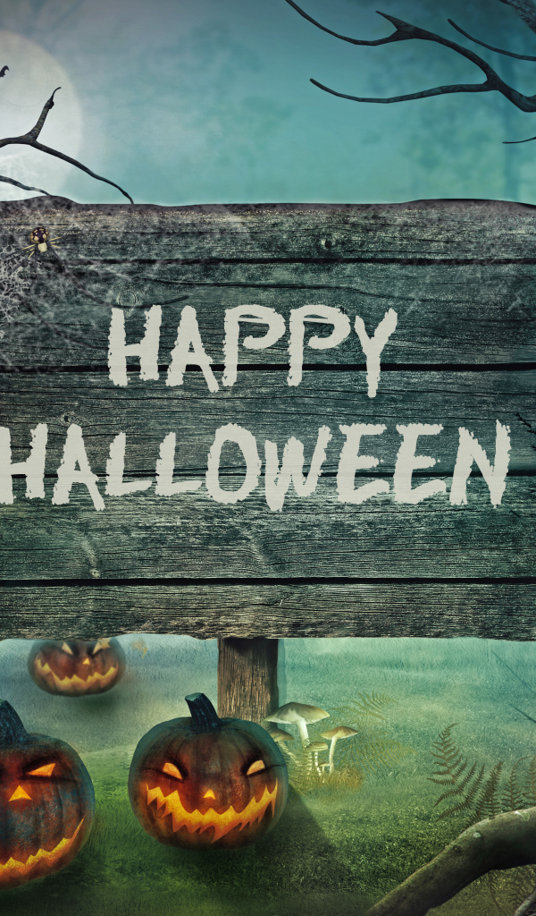 Табличка счастливого Хэллоуина в лесу 