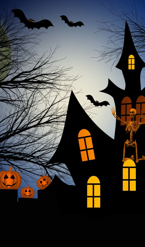 Зловещий замок со скелетом, тыквами и летучими мышами на фоне большой луны 