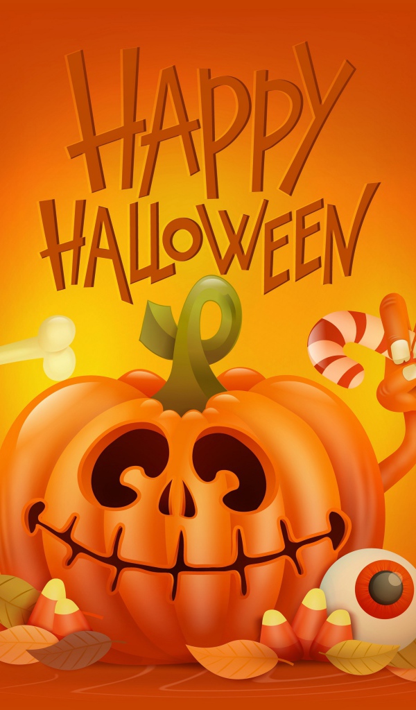 Тыква на оранжевом фоне с надписью Счастливого Хэллоуина
