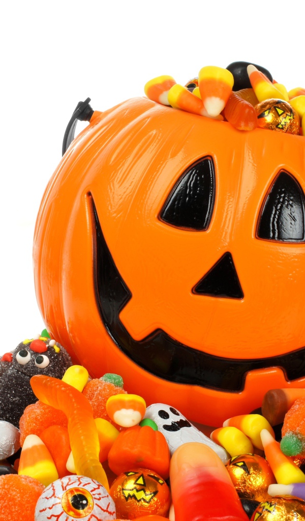 Тыква со сладостями на белом фоне