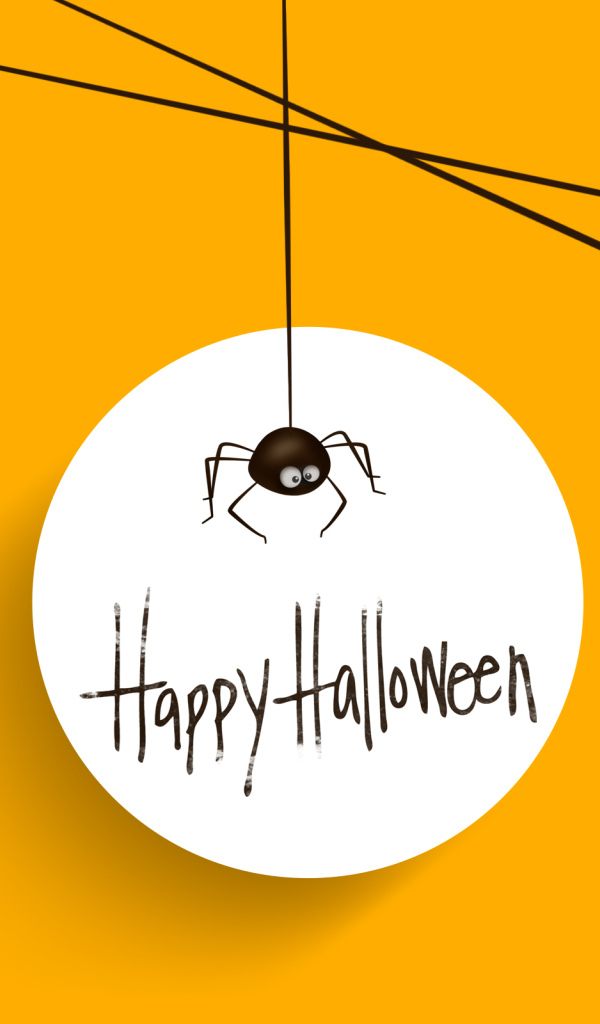 Белый круг с пауком и надписью на оранжевом фоне на Хэллоуин
