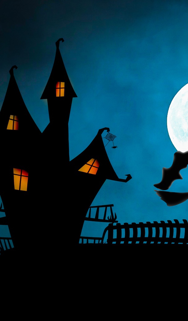 Ведьма на метле у черного замка на фоне луны 