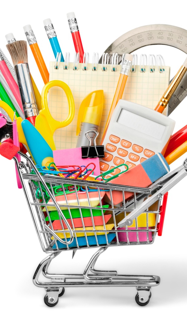 School stationery in trolley on white background