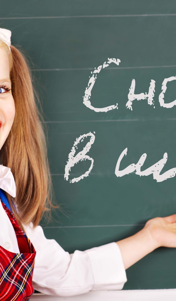 Smiling little schoolgirl on Knowledge Day on September 1 at the blackboard