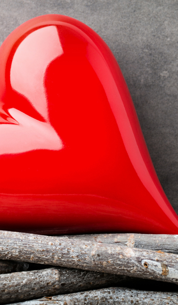 Большое красное сердце лежит на ветках на фоне серой стены