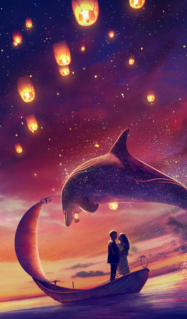 Влюбленная пара на лодке в воде с дельфинами