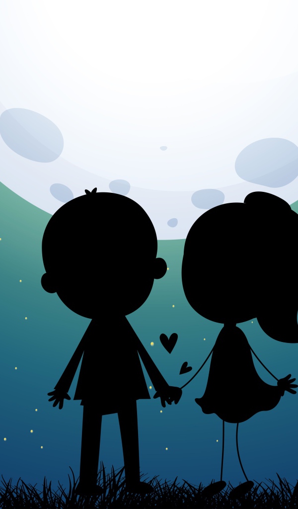 Нарисованные силуэту влюбленной пары на фоне луны