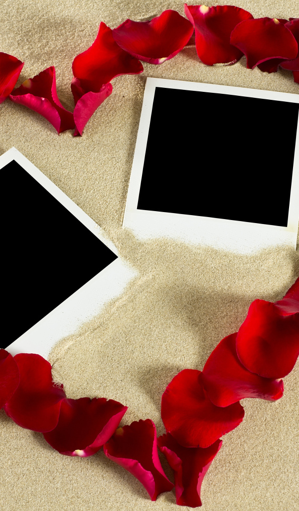 Сердце из лепестков роз на песке с шаблонами для фото 